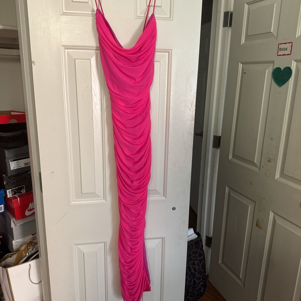 AKIRA Pink Asymmetrical Ruched Maxi Dress